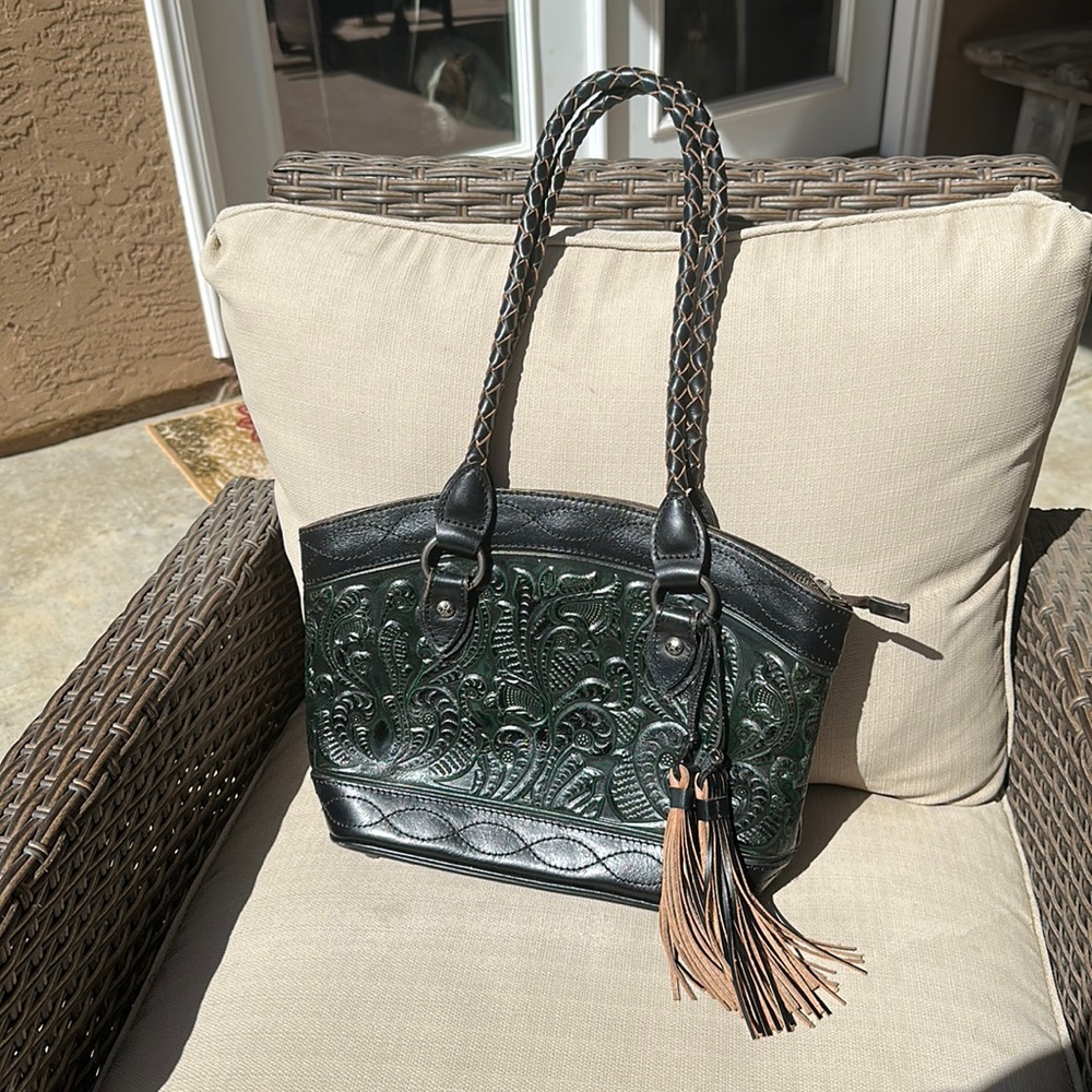 Patricia Nash black with green, tooled Handbag